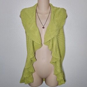 Tribal Lime Green Ruffle Open Front Knit Vest Cardigan